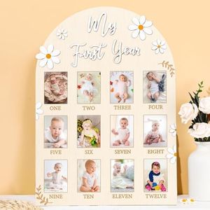 Daisy First Year Photo Board Flower Birthday Party Decorations Wooden Board 12 Monthly Milestone Picture Frame One Year Old 1st Birthday Banner for Baby Girls Keepsake Gift Supply (Fit 2x2.8in Pic)