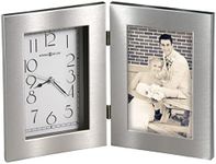 Howard Miller Lewiston Tabletop Clock, 4x6 Inch Silver & White Analog Frame with Glass Crystal, Hinged Design, Modern Sophisticated for Home Decor, Living Room & Office Decor, Quartz Movement