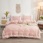 Koudi Pink Ruffled Duvet Cover Set Twin Size Shabby Chic White Ruffle Fringe Comforter Cover Solid Color Vintage Farmhouse Bedding Set Soft Microfiber with Zipper Ties