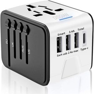 Disgian Travel Adapter, Universal International Power Adapter with 3USB Port And Type-C International Wall Charger Worldwide AC Power Plug for Multi-nation Travel UK, EU, AU Over 200 Countries (White)