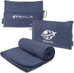 PAVILIA Travel Blanket Compact, Airplane Blanket Packable Bag, Soft Fleece Portable Throw Pillow Combo Set, Plane Flight Car Trips Travel Essentials Gift Accessories, Luggage Backpack Clip, Navy Blue