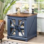 Farmhouse End Table,24" Large Sofa Side Table with Charging Station Glass Barn Door,Wood Nightstand with Adjustable Storage Shelf,Square Bedside Table for Living Room,Bedroom,Office-Blue