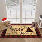 U'Artlines Christmas Front Door Mat, 32"×48" Vintage Winter Red＆Black Plaid Resist Dirt Doormats, Non-Slip Low-Profile Inside Floor Mat Washable Entrance Mats