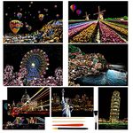 Heyu-Lotus 8pcs Scratch Art Paper Rainbow Painting Sketch City Series Night Art Craft Scratch Scratchboard for Adult and Kids with 5 Tools