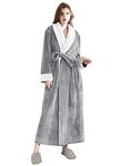 Hellomamma Women's Fleece Robes, Long Winter Warm Soft Plush Bathrobes for Women, Fluffy Comfy House Coat, Light Gray, Medium