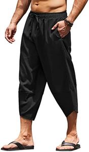 COOFANDY Men's Linen Harem Capri Pants Lightweight Loose 3/4 Shorts Drawstring Elastic Waist Casual Hippie Beach Yoga Trousers Black