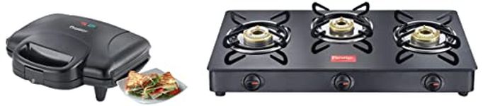 Prestige IRIS LPG Gas Stove, 3 Burner, Black, Glass, Manual & PGMFD 01 800W Sandwich Maker (Black)