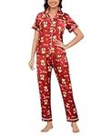 MyFav Silk Satin Christmas Pyjamas Set for Women Cute Short Sleeve Button Down Festive Sleepwear Comfy Xmas Long Lounge Sets,Xmas Bear,S