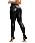 RIOJOY High Waist Leather Leggings Wet Look Faux Leather Trousers Butt Push Up Sexy Tights Black M