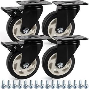 Kurtzy 4 Pack of Heavy Duty Black Swivel Castor Wheels - 100mm Casters with Rubber Wheels, Screws, Locking Brakes & Metal Plates - Max Load 320kg/705lbs - for Trolleys, Moving Furniture & Workbenches