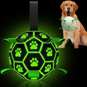 QDAN Glow in The Dark Dog Toys Soccer Ball with Straps, Outdoor Interactive Doggy Toys, Puppy Birthday Gifts, Light Up Dog Balls for Small & Medium（8 Inch）