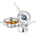 Bergner BE Essentials TriPro TriPly Stainless Steel 3 Pcs Cookware Set - 24cm (3 L) Kadai, 14cm (1.1 L) Teapan, 22cm (1 L) Frypan, Consumes Less Oil, Even Heat Distribution - Induction Bottom