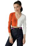 SIGHTBOMB V Neck Ribbed Knit Two Tone Button UP Cardigan for Women (Small-Medium, Orange and White)