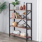 Industrial 4-Tier Open Back Bookshelf, 55" H Storage Rack Shelf Unit, Decor Display Shelf, Living Room, Home Office, Bedroom, Natural Solid Wood, Sturdy Rustic Brown Metal Frame