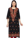 Ada Lucknowi Chikankari Hand Embroidered Straight Black Cotton Kurta Kurti Tunic for Women A188048 (S)