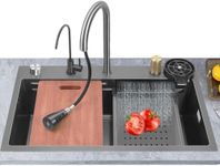 ARQUIN Premium 304 Grade 24" x 18" x 9" Waterfall Kitchen Sink with Integrated Waterfall and Pull Down Faucet, Fruit Basket with Complete Accessories Black Matt Design.