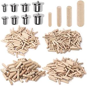 Swpeet Wooden Pegs, 505 Pieces 4 Sizes 1/4 Inch 5/16 Inch 3/8 Inch 1/2 Inch Wooden Dowel Pins Straight Grooved Pins with Centre Point Cylinder Wood Dowel Assortment Kit Owel and Tent Centre
