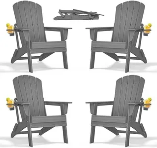 nevilywood Folding Adirondack Chair with Cup Holder Set of 4, HDPE Patio Chairs,All-Weather Outdoor Chairs for Backyard, Deck,Fire Pit-Grey