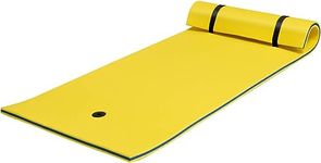 GYMAX Large Floating Water Pad, 3-Layer XPE Foam Floating Raft Mat with Rolling Pillow Design and Fixing Strap, Roll-Up Swimming Foam Mattress for Pool, River, Lake and Ocean (220 x 90 x 4 cm, Yellow)