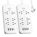 Power Bars with Surge Protector(2 Pack),Flat Plug Power Bar with USB Port,4Ft Cord,Widely Spaced Outlet,Surge Protection 1700 Joules,Wall Mountable Power Strip for Dorm Room,Workbench,Nightstand,White