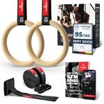 Gymnastic Rings Set Wood + Door Anchor Attachment, Exercise eBook & Adjustable Safety Straps + Length Markings | Wooden Olympic Gym Gymnastics Athletic Fitness | Home Workout Muscle Training Equipment