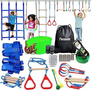 Perantlb Ninja Warrior Obstacle Course for Kids - Ninja Slackline 52' with 11 Accessories for Kids, Includes Swing, Obstacle Net ,Rope Ladder,Slackline Gymnastic Bar, Become a Ninja Warrior