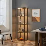 FENLO Fantasy Plus 66" Luxury Glass Display Shelf with Dimmable LED Floor Lamps, Sturdy Curio Cabinet with Glass Bookcase Display Case, Display Cabinet Glass Shelves for Bedroom, Open Bookshelf, Brown