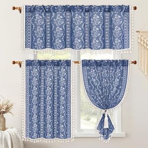 Yinhua Boho Kitchen Curtains and Valances Set Vintage Linen Blue Cafe Curtains Light Filtering Rod Pocket Valance Farmhouse Rustic Tassel Tier and Valance, 52" W X 18" L+26" W x 36" L
