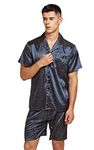 TONY AND CANDICE Men's Short Sleeve Satin Pajama Set with Shorts (Blue/Golden, Medium)