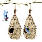 2 Pcs Bird Nest,Hummingbird House for Outside Hanging,Roosting Pouches for Birds,Grass Hanging Wren Finch Song Birds House for Nesting,Hand Woven Bird Nesting Boxes,for Garden Decoration,24x10.5 cm