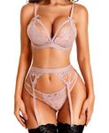 RSLOVE Women Lingerie Sets with Garter Belt 3 Piece Lace Teddy Babydoll Bodysuit Deep Pink S