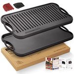 Overmont Reversible Grill Pan Cast Iron Pan 17x9.8" Pre-Seasoned Skillet with Handles for Stovetop Open Fire Oven, Scrapers Included