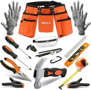 INCLY 18PCS Kid Hand Tool Set, Boy Builder's Tool Set with Real Hand Tools, Kids Tool Belt Waist 20"-32", Toddlers Learning Tool Kit Hammer Screwdriver Plier for Home DIY Woodworking Play