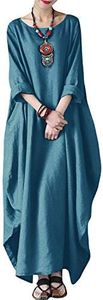 Celmia Women's 3/4 Sleeve Round Neck Solid Loose Long Maxi Dress Cotton Gown with Side Pockets A-Navy L