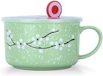 VanEnjoy 30oz Ceramic Bowl Set with Lid & Handle,Cherry Blossoms Among Snow Flake Pattern,Microwave for Instant Noodle Sara, Cereal Bowl 30oz Green