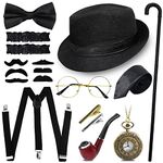 11PCS Gatsby Costume Accessories Set,Roaring Retro Gangster Costume Vintage 1920s Men Costume Accessories Hat, Glasses, Tie Clip, Tie, Bow, Sleeve, Beard, Pipe, Pocket watch, Cane, Suspender