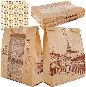 50Pcs Paper Bread Bags for Sourdough Bread Homemade, Paper Bakery Bag for Baked Food Packaging Storage, Large Paper Bread Loaf Bag Bulk with Window Label Seal Sticker (12.6x8.3x3.5inch)