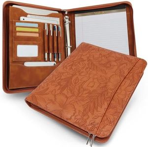 FORTAVEM Embossed Faux Leather Zippered Padfolio with 3 Ring Binder, Executive Portfolio Organizer Binder for Women, Fits 13.9" Laptop/Tablet, Refillable Writing Pad Pocket, Brown