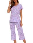 ENJOYNIGHT Womens Pajama Set Cotton Capri Pant Pyjama Short Sleeve Sleepwear Summer Pjs(Large,Purple)