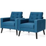 KOTEK Accent Chairs Set of 2, Button Tufted Living Room Chair w/Rubber Wood Legs, Side Pockets, Mid Century Modern Single Sofa Club Chair, Linen Fabric Upholstered Armchair (Blue)