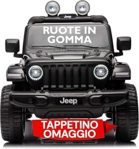 Macchina Elettrica per Bambini Jeep Wrangler Rubicon 12v Telecomandata con Sedile in Pelle 2 Posti - Auto Elettrica per due Bambini con Tappetini Omaggio Full optional (Nero, Ruote in Gomma)