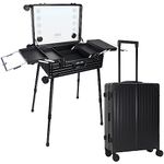 EBANKU Rolling Makeup Train Case with Lighted Mirror, 24in Aluminum Alloy Cosmetic Organizer Box Travel Case with Bluetooth Professional Protable Trolley Salon Staion, 6 Display Buttons (LM6-Black)