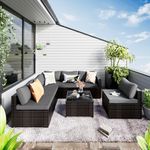 WWR 7 Pieces Patio Set, Wicker Conversation Sets with Cushion and Table, 7-Pieces Couch, Patio Furniture Set for Porch Poolside Backyard,Brown Frame Grey Cushion