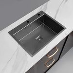 Happy Homes Modular Kitchen Sink with TapHole (24X18X10 Inch), BLACK Matte Satin Finish Stainless Steel with Nanocoated Undercoating, Square Coupling and Metal Fruit Basket