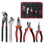 Swpeet 5Pcs Pliers Set with Storage Pouch Assortment Kit, Including Tongue and Groove Plier, Water Pump Pliers, Long Nose, Diagonal Cutting, Locking Pliers, Adjustable Wrench and Linesman Pliers