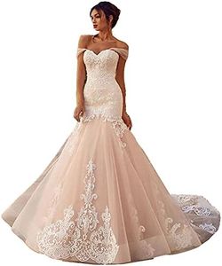 Snow Lotus Abito da sposa a sirena con spalle scoperte in pizzo e tulle, Champagne, 34