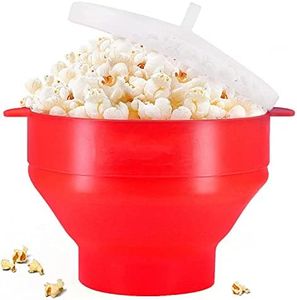 Microwave Popcorn Maker, Silicone Popcorn Popper, Collapsible Seasoning Bowl, Food Grade safety, Heat Resistance, Hot Air Popcorn Maker Kit with Lid, Dishwasher Safe with Handle - No Oil Required - Red