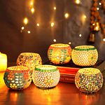 TIED RIBBONS Pack of 6 Mosaic Glass Votive Tealight Candle Holders for Dining Table - Diwali Decorations Items for Home Decor Office Living Room (Pack of 6, Glass) - Diwali Decor - Diwali Gifts