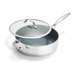 GreenPan Valencia Pro Tri-Ply Stainless Steel 5QT Sauté Pan with Lid, PFAS-Free Ceramic Nonstick Coating, Induction Ready Cookware, All Cooktops, Deep Jumbo Cooker, Dishwasher & Oven Safe to 600F