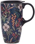 Topadorn Ceramic Mug with Lid and Handle Tall Coffee Cup for Home 17oz.Dark Blue